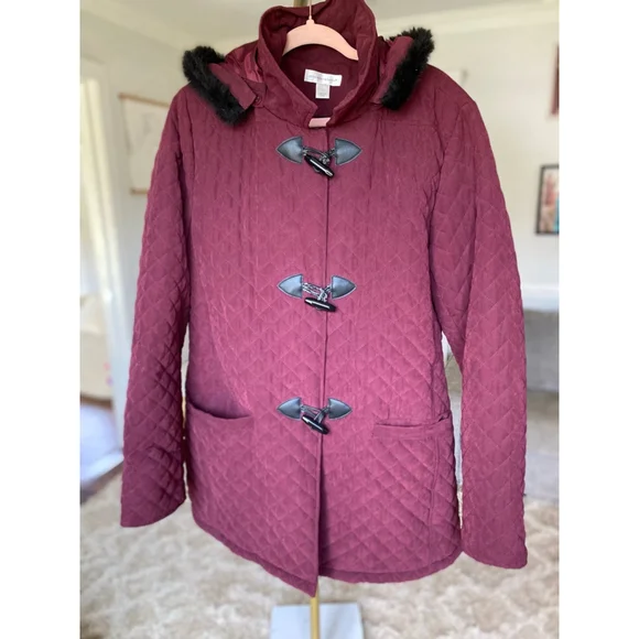 Christopher & Banks Quilted Peacoat Maroon Toggle Button Hooded Jacket L Classic - Picture 2 of 12